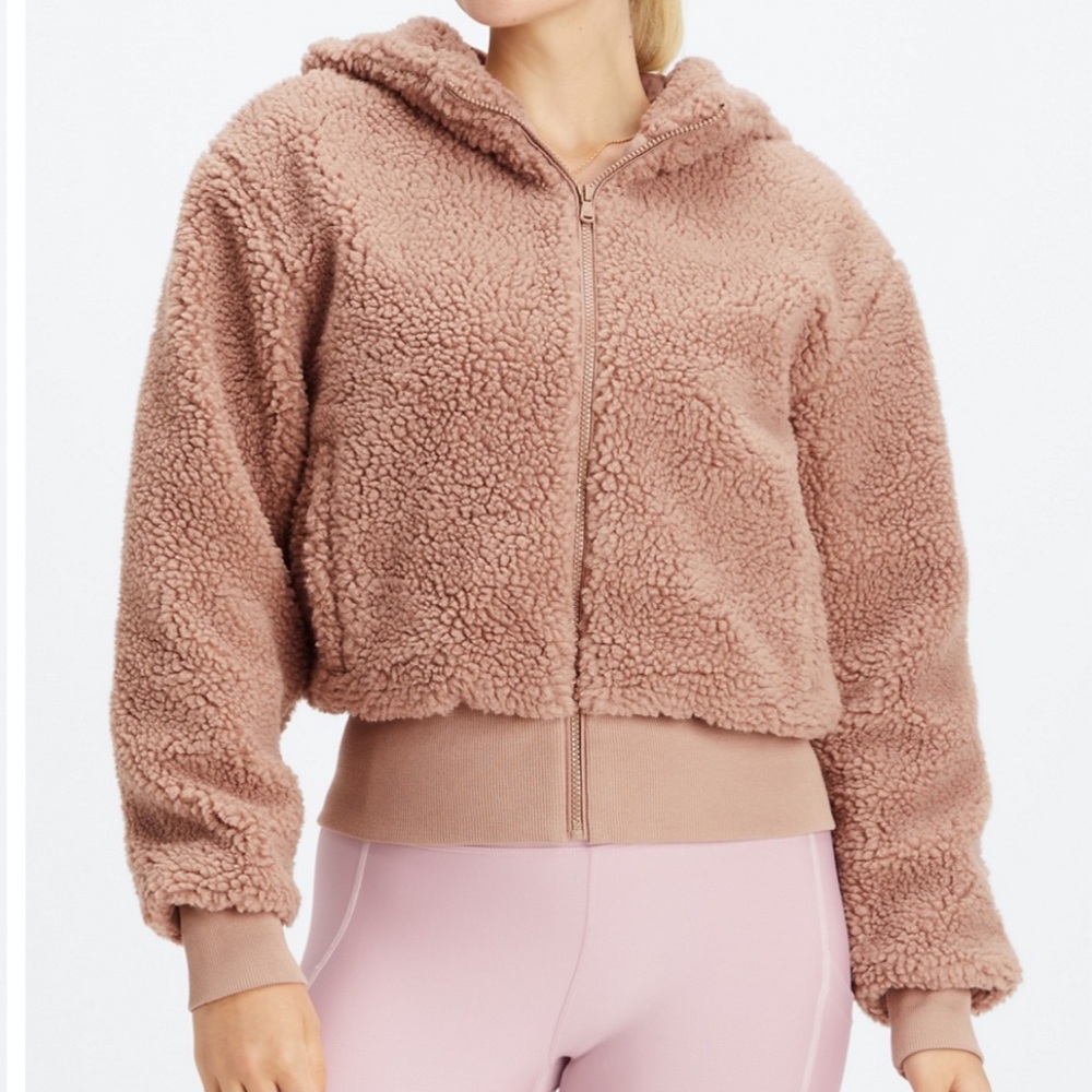 Fabletics lightly worn brown summit sherpa teddy zip up jacket in color toffee